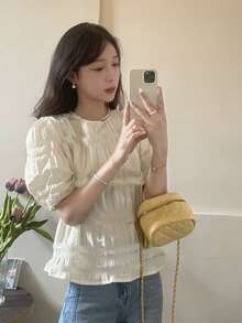 素色泡泡袖打褶襯衫 - 杏色 - 查看 5