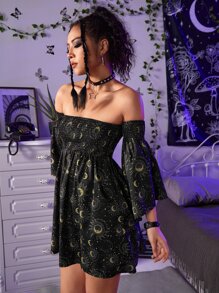 ROMWE Goth Sun & Moon Graphic Shirred Off Shoulder Dress - Multicolor - View 4