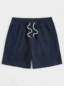 ROMWE MEN Guys Solid Corduroy Shorts - Navy Blue - View 1