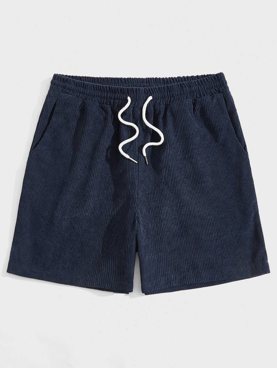 ROMWE MEN Guys Solid Corduroy Shorts - Navy Blue - View 1