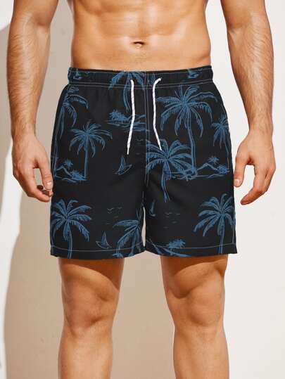 Manfinity KASUA شورت سباحة ترانك طباعة شجرة جوز الهند رباط خصر للرجال