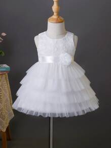 Baby Girl Layered Mesh Hem Party Dress - White - View 1