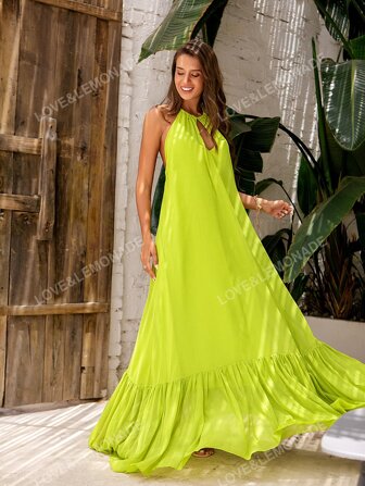 LOVE&LEMONADE Sırtsız Kesmek Fırfırlı Hem Geri Kravat Sade Boho Elbiseler
