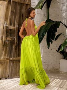 LOVE&LEMONADE Vestido halter de espalda abierta con cordón - Verde Lima - Ver 2