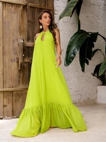 LOVE&LEMONADE Vestido halter de espalda abierta con cordón - Verde Lima - Ver 5