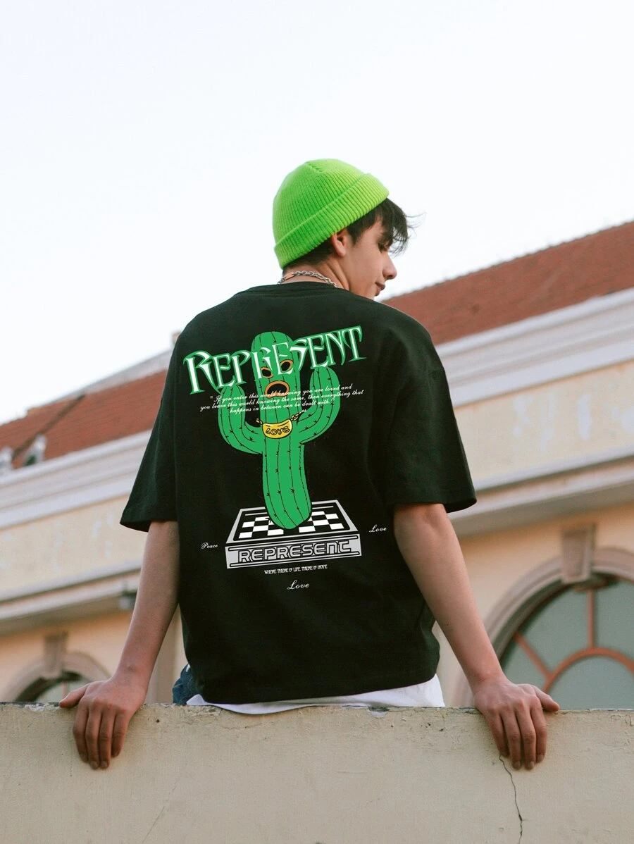 INFLATION Áo phông hoạt hình và chữ cái thả vai của nam - màu đen - Xem 1