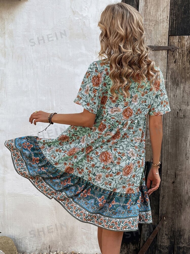 SHEIN Holidaya Women Bohemian Style Floral Printed Casual Holiday Beach Dress With Tie Up Neckline And Cute Babydoll Silhouette SHEIN USA