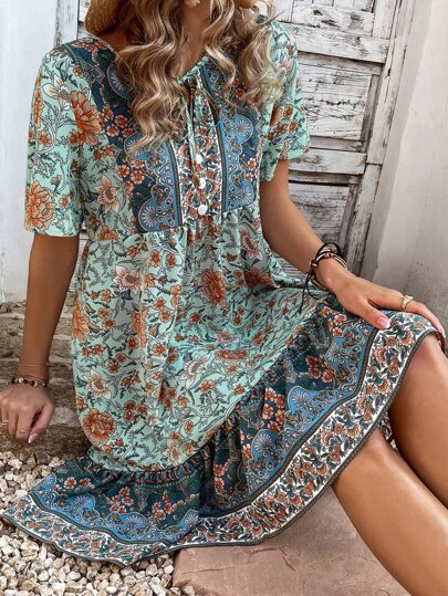 Breezaya Women Bohemian Style Floral Printed Casual Holiday Beach Dress With Tie-Up Neckline And Cute Babydoll Silhouette Vacation Beach Outfit