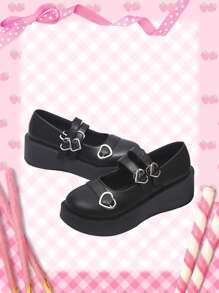 ROMWE Kawaii 愛心裝飾厚底瑪麗珍女鞋 - 黑色 - 查看 1