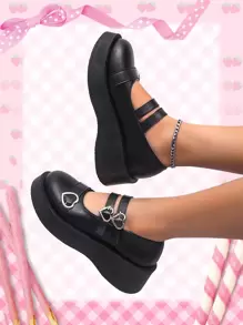 ROMWE Kawaii 愛心裝飾厚底瑪麗珍女鞋 - 黑色 - 查看 2