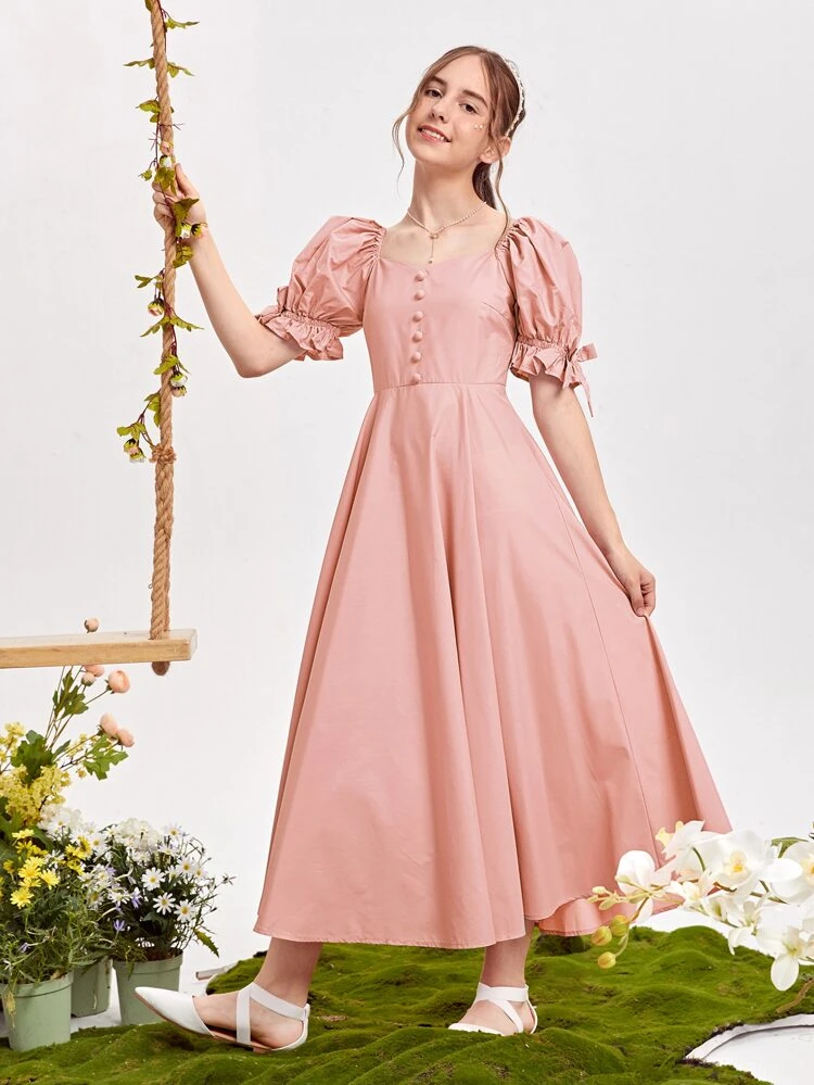 Teen Girls Bow Detail Puff Sleeve Button Front Dress