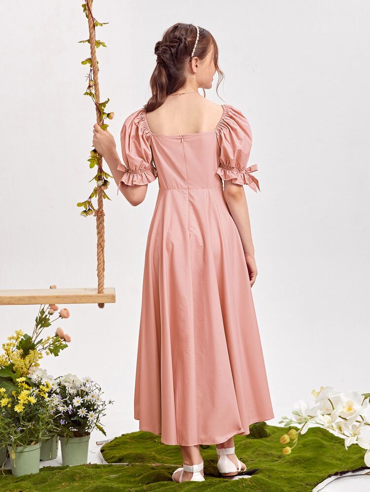 Teen Girls Bow Detail Puff Sleeve Button Front Dress