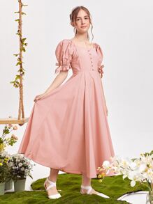 SHEIN Teen Girls Bow Detail Puff Sleeve Button Front Dress - Baby Pink - View 4