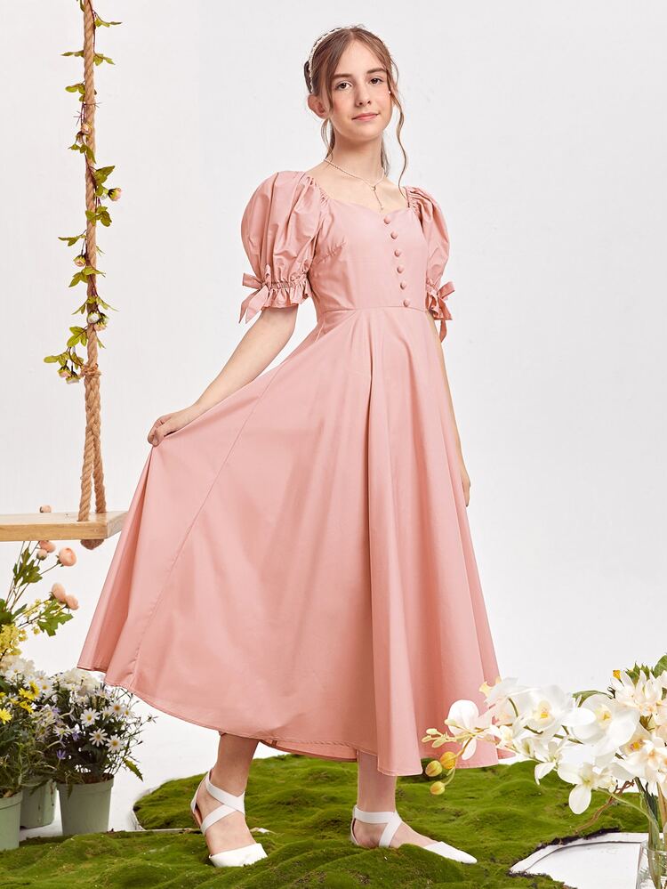 Teen Girls Bow Detail Puff Sleeve Button Front Dress