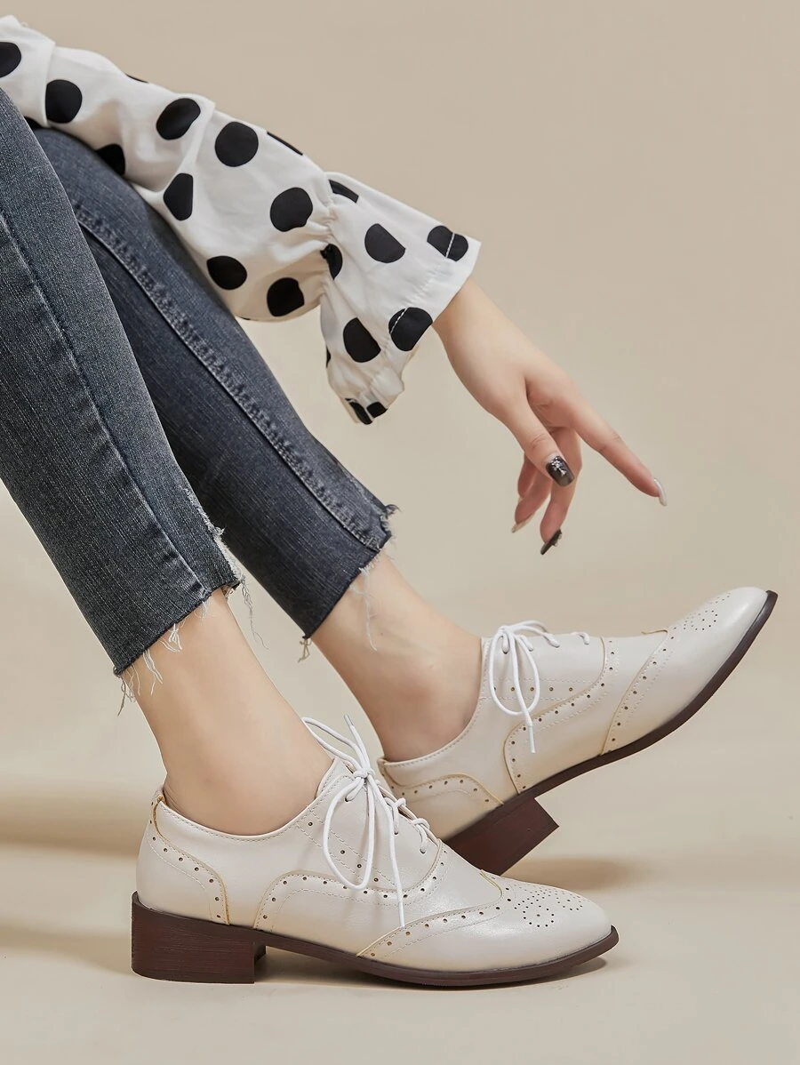 Wingtip Detail Lace-up Front Oxford Shoes - Beige - View 1