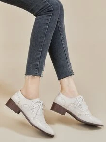 Wingtip Detail Lace-up Front Oxford Shoes - Beige - View 5