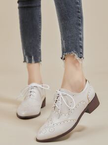 Wingtip Detail Lace-up Front Oxford Shoes - Beige - View 3