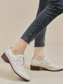 Wingtip Detail Lace-up Front Oxford Shoes - Beige - View 4