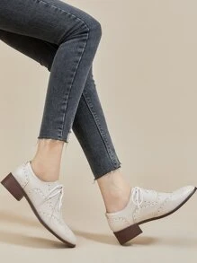 Wingtip Detail Lace-up Front Oxford Shoes - Beige - View 6