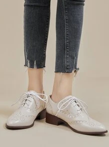 Wingtip Detail Lace-up Front Oxford Shoes - Beige - View 7
