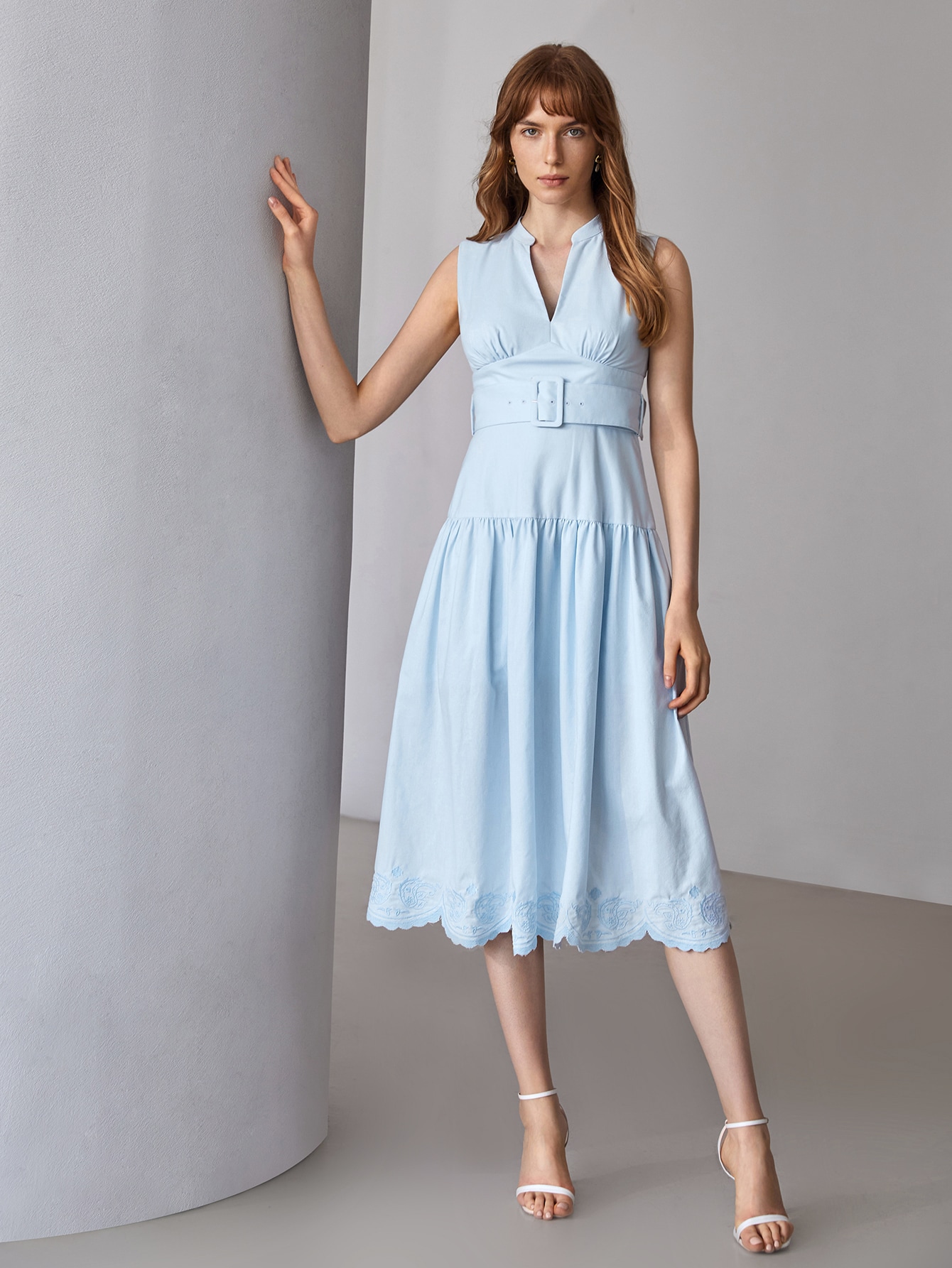 PREMIUM LINEN EMBROIDERY HEM BELTED DRESS SHEIN USA