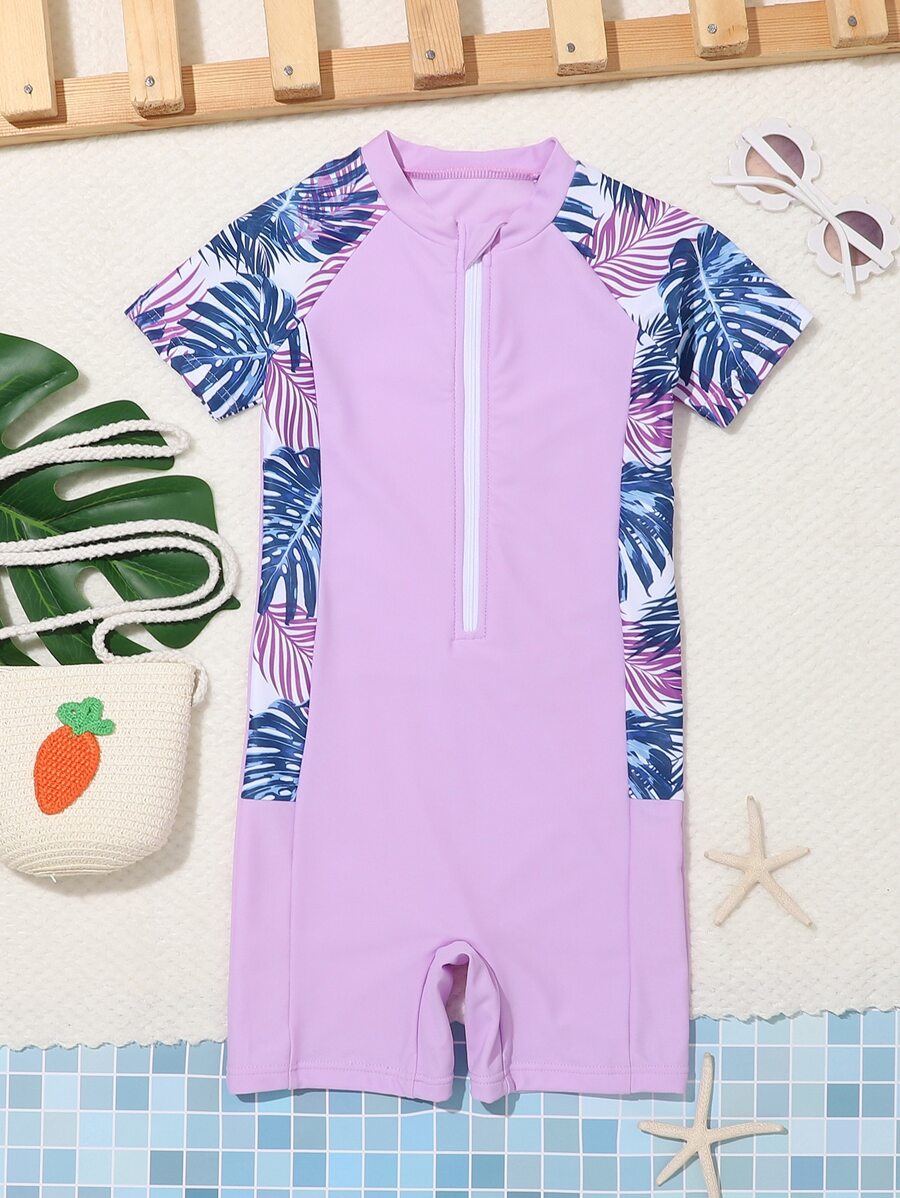 Toddler Girls Random Tropical Print Zip Front One Piece Swimsuit - Purple - View 1