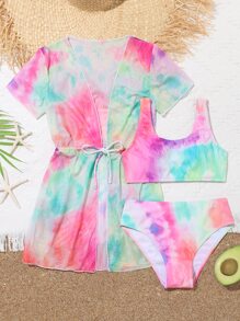 SHEIN Tween Girl 3packs Random Tie Dye Drawstring Waist Bikini Set Summer Beach - Multicolor - View 1