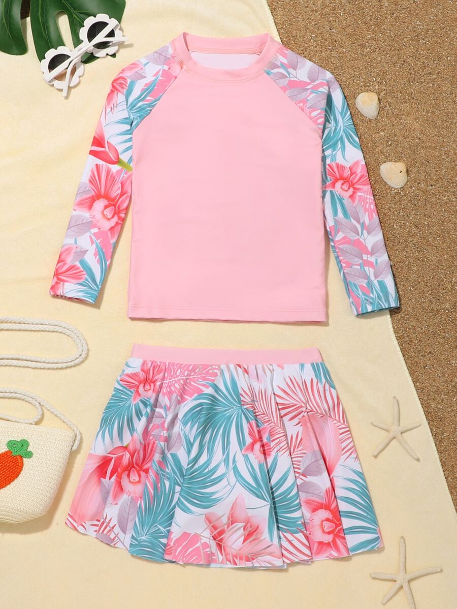 SHEIN Young Girl Random Tropical Print Raglan Sleeve Skorts Rashguard Summer Beach - Multicolor - View 1