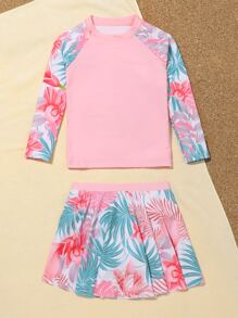 SHEIN Young Girl Random Tropical Print Raglan Sleeve Skorts Rashguard Summer Beach - Multicolor - View 4