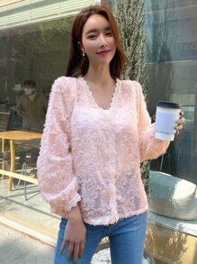 DAZY Lace Trim Button Through Fuzzy Blouse - Baby Pink - View 2