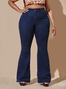SHEIN SXY Quần Denim kích thước lớn Nút Túi Dây kéo màu trơn - Rửa tối - Xem 1