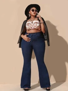 SHEIN SXY Quần Denim kích thước lớn Nút Túi Dây kéo màu trơn - Rửa tối - Xem 3