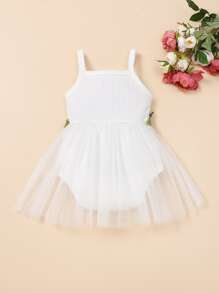 SHEIN Baby Girl Floral Embroidery Mesh Overlay Cami Bodysuit - White - View 2