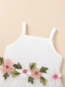 SHEIN Baby Girl Floral Embroidery Mesh Overlay Cami Bodysuit - White - View 3