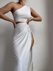 Summer Knot Side Split Hem One Shoulder Cover Up Dress Without Bikini