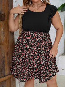 SHEIN Unity 大碼小碎花荷葉袖A字洋裝 - 彩色 - 查看 1