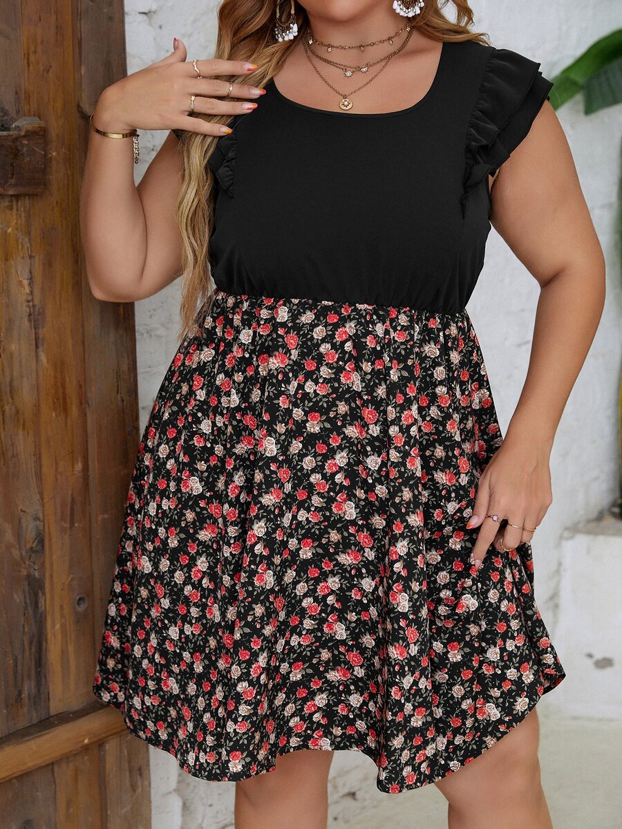 SHEIN Unity 大碼小碎花荷葉袖A字洋裝 - 彩色 - 查看 1