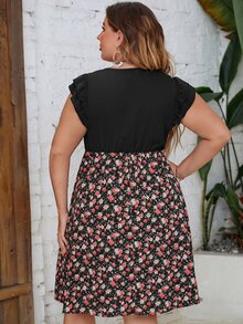 SHEIN Unity 大碼小碎花荷葉袖A字洋裝 - 彩色 - 查看 2