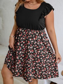 SHEIN Unity 大碼小碎花荷葉袖A字洋裝 - 彩色 - 查看 4