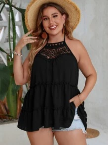 SHEIN Unity Plus Guipure Lace Panel Tie Backless Frill Trim Halter Top - Black - View 1