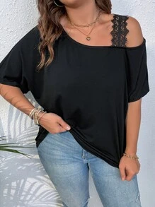 SHEIN LUNE Áo thun Plus size Tương phản ren màu trơn Giải trí - màu đen - Xem 1