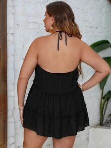 SHEIN Unity Plus Guipure Lace Panel Tie Backless Frill Trim Halter Top - Black - View 2