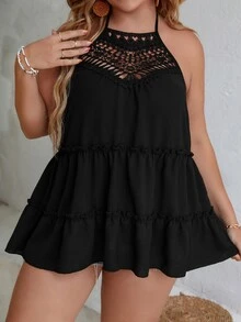 SHEIN Unity Plus Guipure Lace Panel Tie Backless Frill Trim Halter Top - Black - View 4