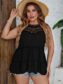 SHEIN Unity Plus Guipure Lace Panel Tie Backless Frill Trim Halter Top - Black - View 5