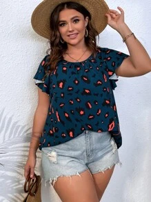 SHEIN Unity 大碼滿版印花蝴蝶袖襯衫 - 藍色 - 查看 1