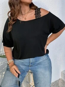 SHEIN LUNE Áo thun Plus size Tương phản ren màu trơn Giải trí - màu đen - Xem 3
