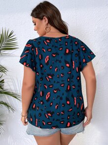 SHEIN Unity 大碼滿版印花蝴蝶袖襯衫 - 藍色 - 查看 2