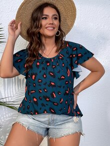 SHEIN Unity 大碼滿版印花蝴蝶袖襯衫 - 藍色 - 查看 5