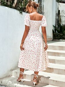 SHEIN Frenchy Allover Floral Square Neck Ruched Bust Puff Sleeve Split Thigh Dress - White - View 2