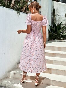 SHEIN Frenchy Allover Floral Square Neck Ruched Bust Puff Sleeve Split Thigh Dress - Baby Pink - View 2